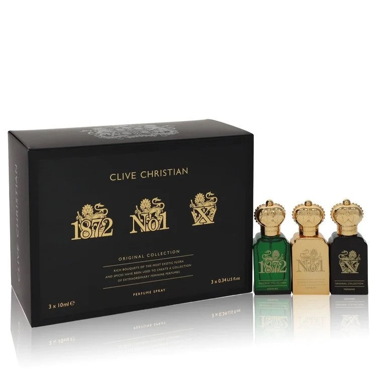 Gift Set - Travel Set Includes Clive Christian 1872 Feminine, Clive Christian No 1 Feminine, Clive Christian X Feminine all in 11 ml Pure Perfume Sprays - Purple Pairs